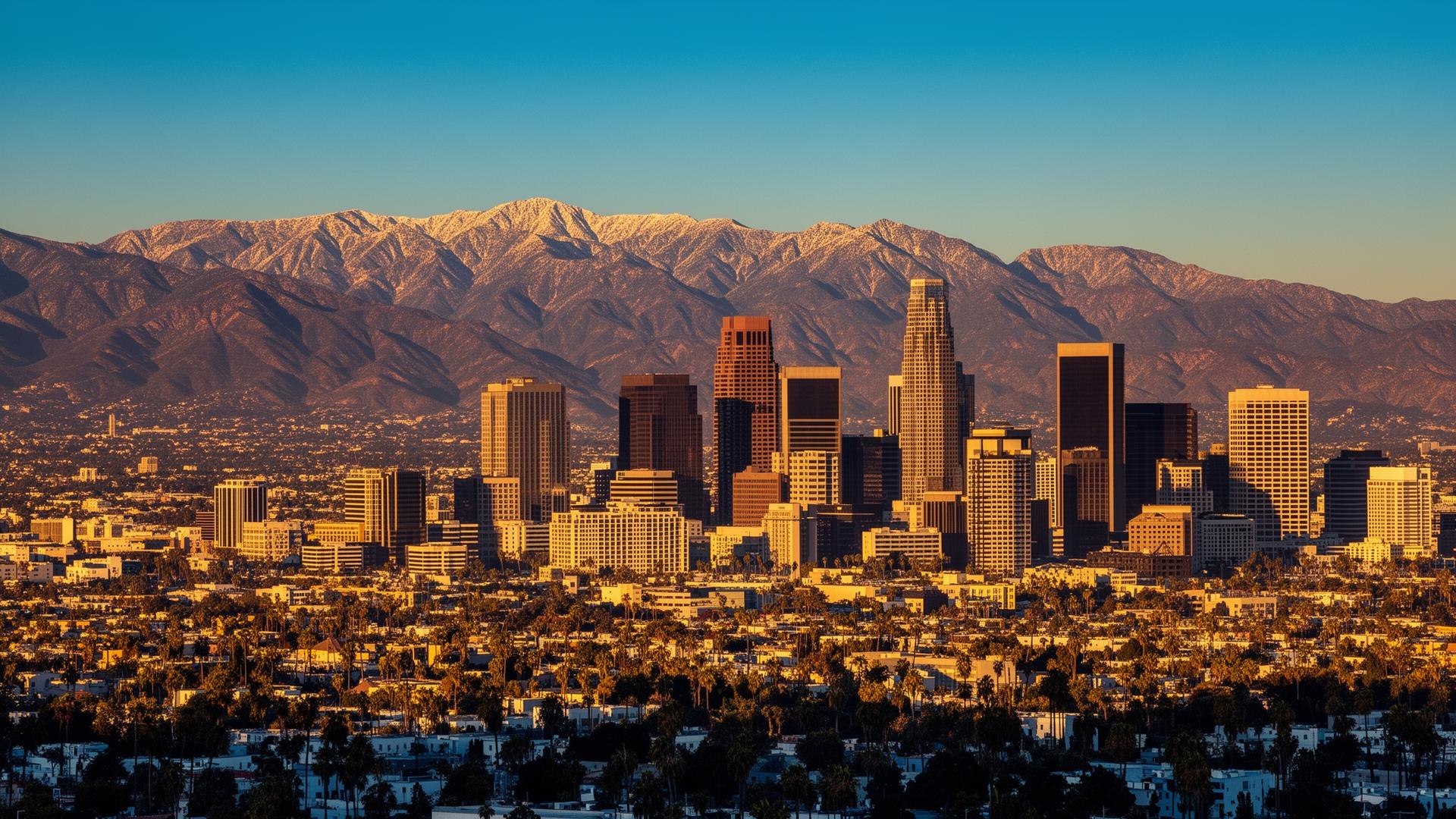 Downtown Los Angeles skyline with snow-covered San Gabriel mountains
