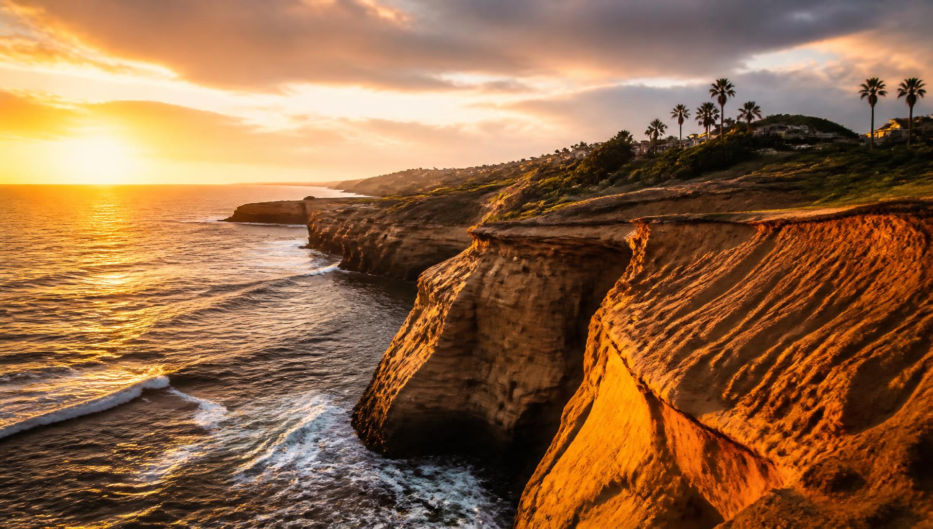 Sandstone sea cliffs of La Jolla, California at golden hour